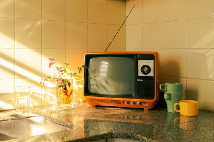television on the kitchen counter